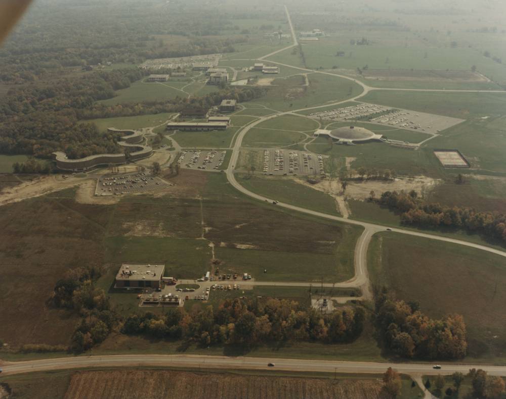 Aerial view of Allendale campus looking south from M45, ca. 1972.